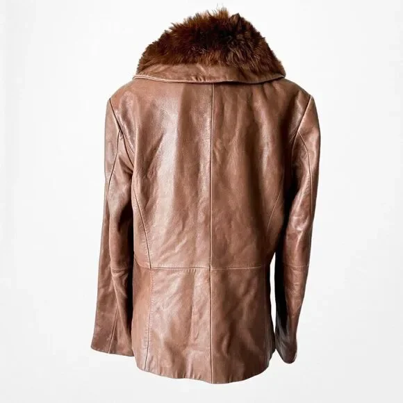 Vintage Y2K Brown Rabbit Fur Genuine Leather Moto Jacket Coat Size L